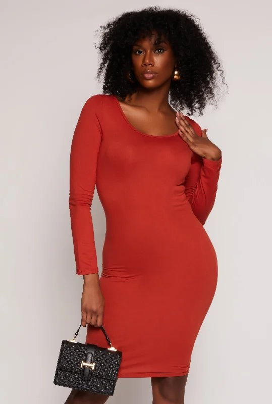 Wrap - Style Women Dress with Adjustable Fit for All Body TypesLong Sleeve Scoop Neck Midi Dress