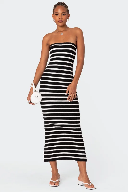 Strapless Women Dress with a Built - in Bra for Comfort and SupportKnit Back Slitted Maxi Dress