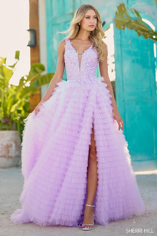 Off - the - Shoulder Women Dress for a Romantic and Feminine LookSherri Hill Sleeveless Ruffle Tulle Ballgown Dress 56086