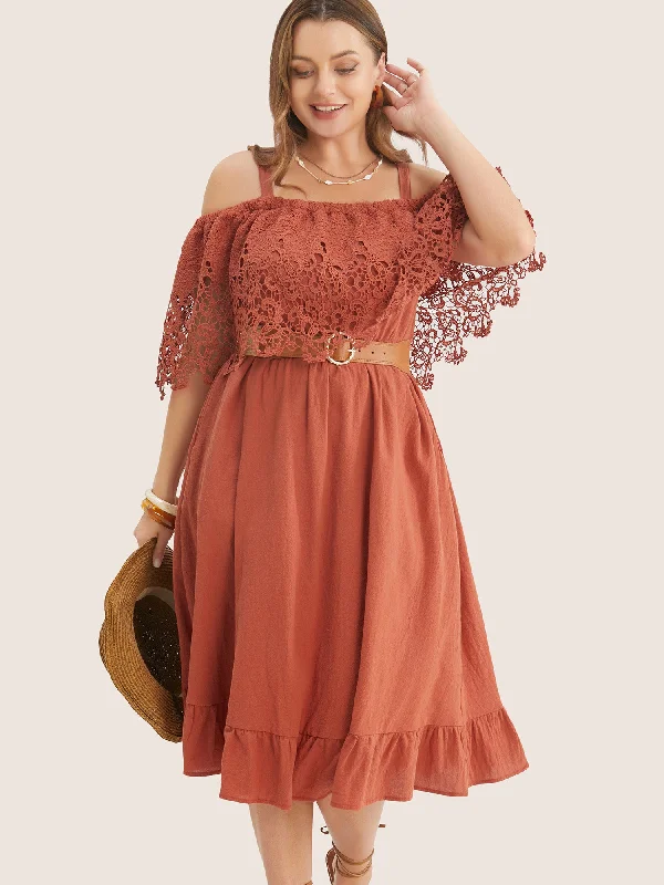 Empire Waist Women Dress to Accentuate the Bust and Conceal the WaistSolid Cold Shoulder Contrast Lace Pocket Ruffle Hem Dress