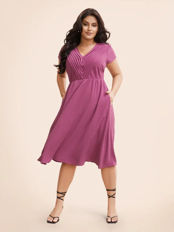 Plus Size Women Dress with a Flattering A - Line Cut for Comfort and StyleSolid Ruffle Trim V Neck Pocket Pleated Front Dress