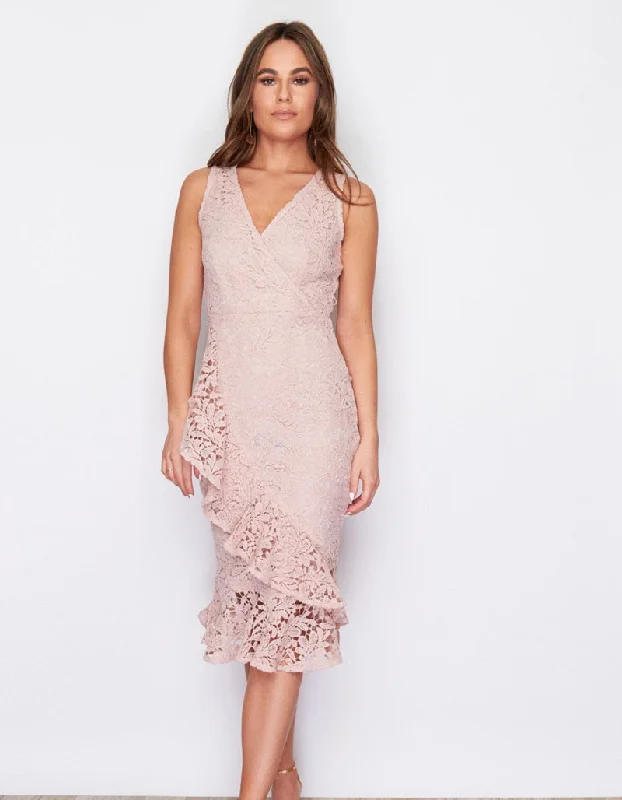 Lace - Embellished Women Dress for an Elegant and Sophisticated AppearanceSummer Nude Frill Hem Crochet Midi Dress