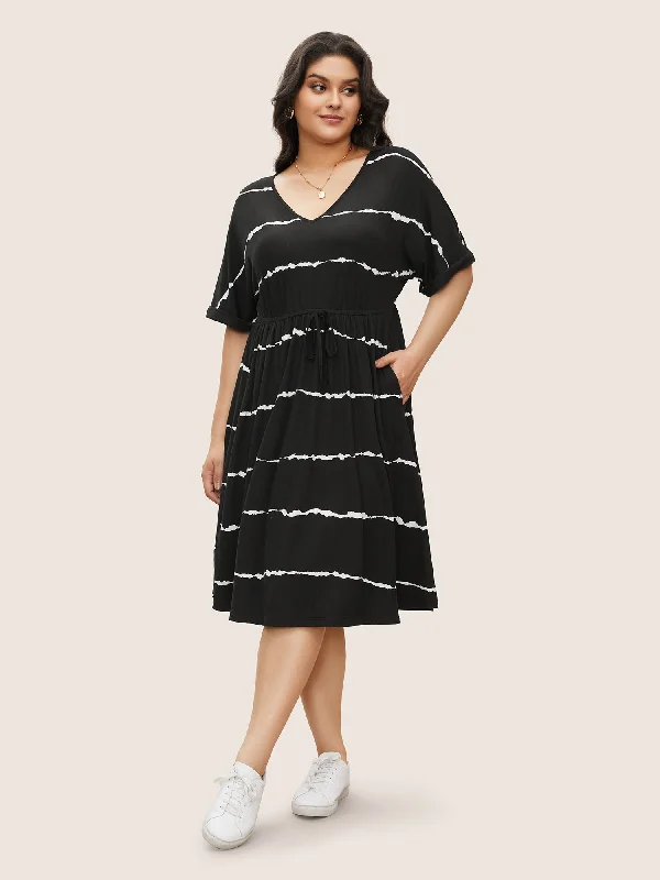 Sheath Women Dress with a Tailored Fit for a Professional LookTie Dye Roll Dolman Sleeve Pocket Gathered Knot Striped Dress