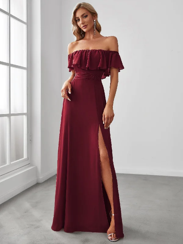 Ruffled Women Dress with Multiple Layers for a Playful and Girly StyleWomen's Off Shoulder Ruffle Thigh Slit Bridesmaid Dresses