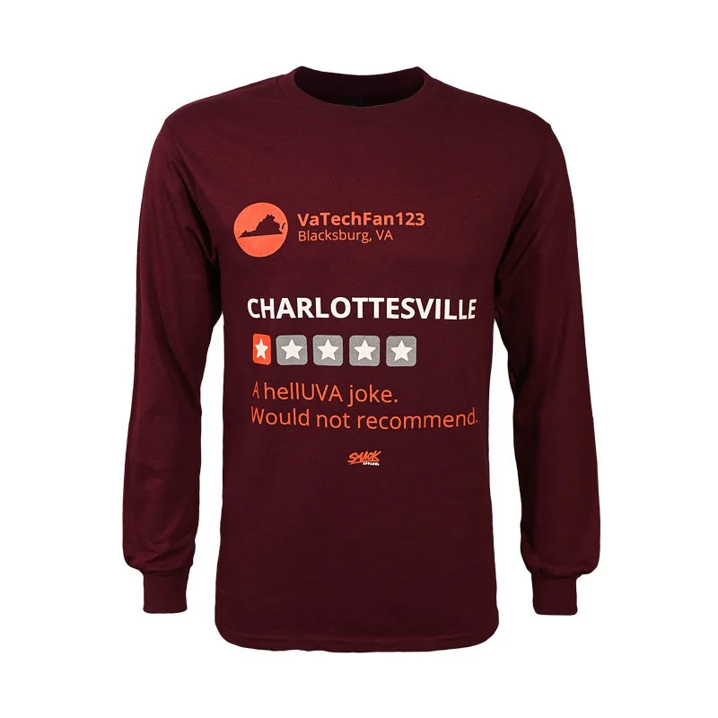 Moisture - Wicking Women T Shirt for Active LifestylesBlacksburg Fan Review of Charlottesville Long-Sleeved T-Shirt: Maroon by Smack Apparel