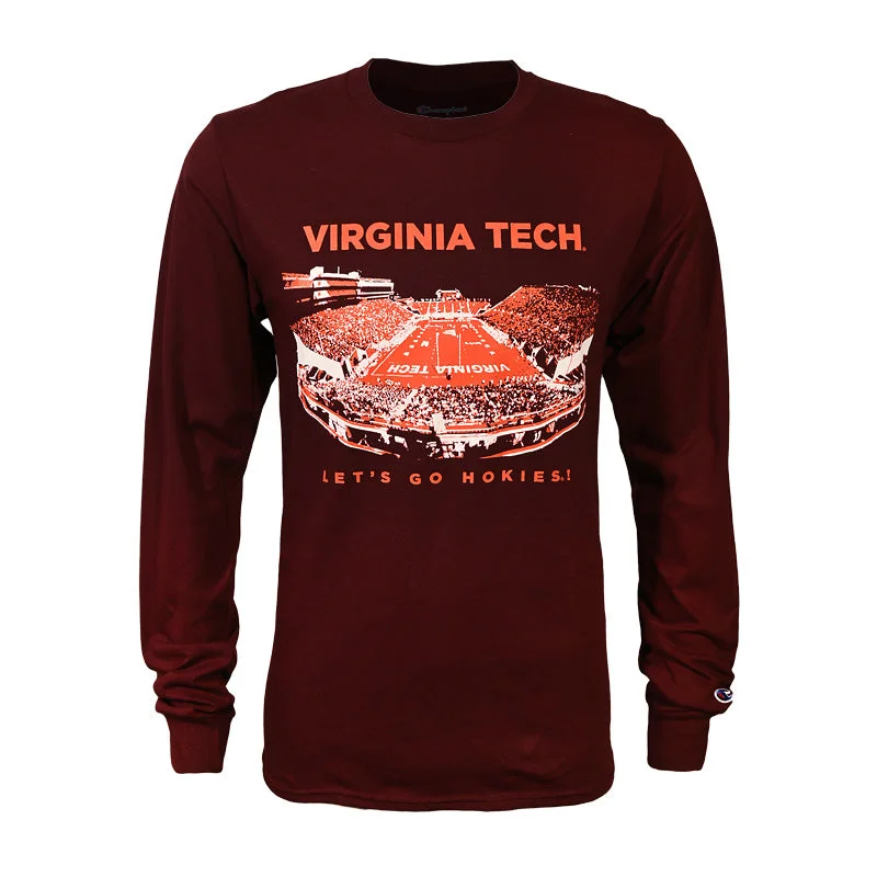 Graphic Print Women T Shirt for a Trendy StatementVirginia Tech Aerial Stadium Long-Sleeved T-Shirt: Maroon by Champion